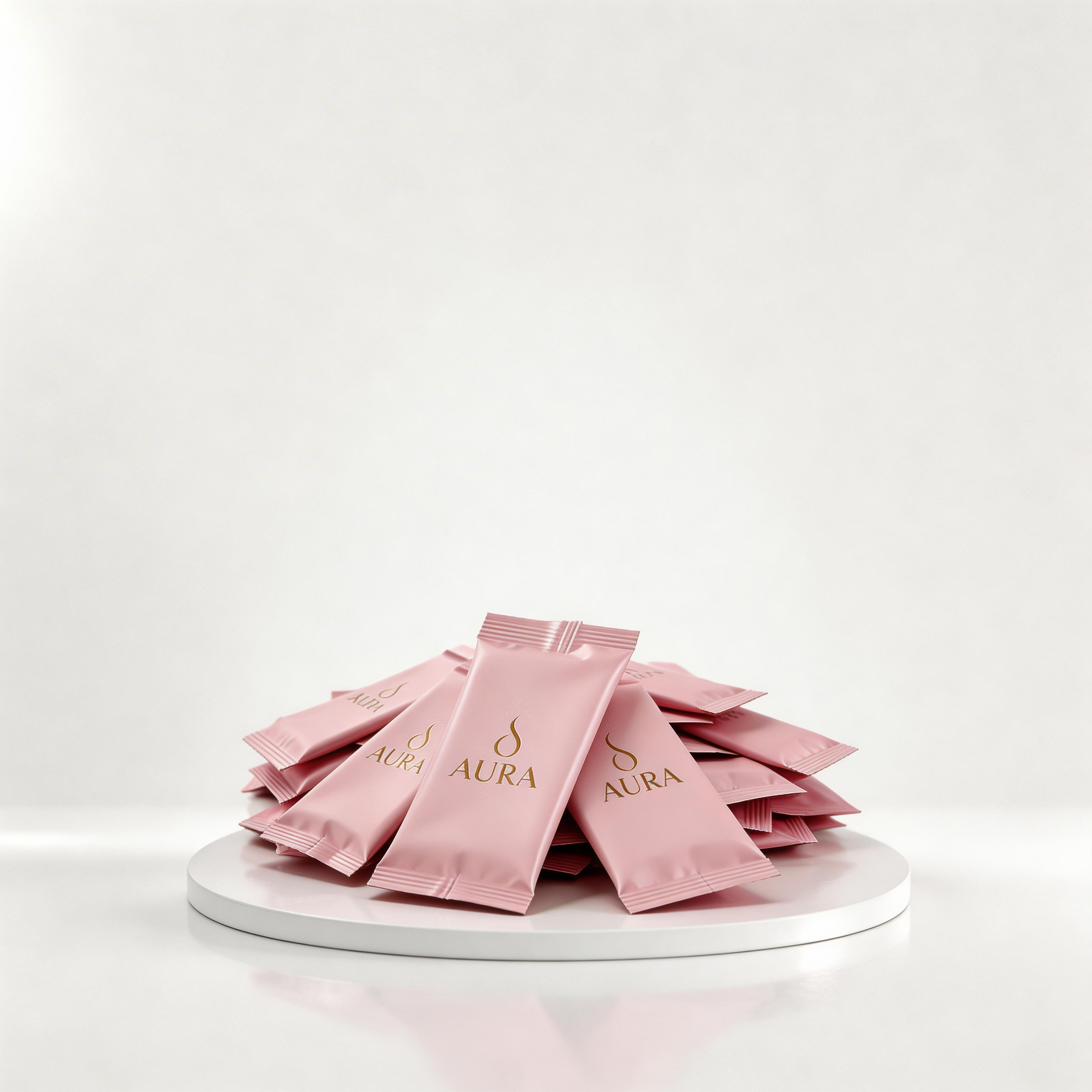 Pink packets labeled 'Aura' on a white platform with a white background