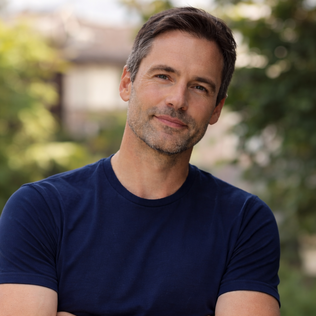 Man wearing a navy blue t-shirt with arms crossed outdoors